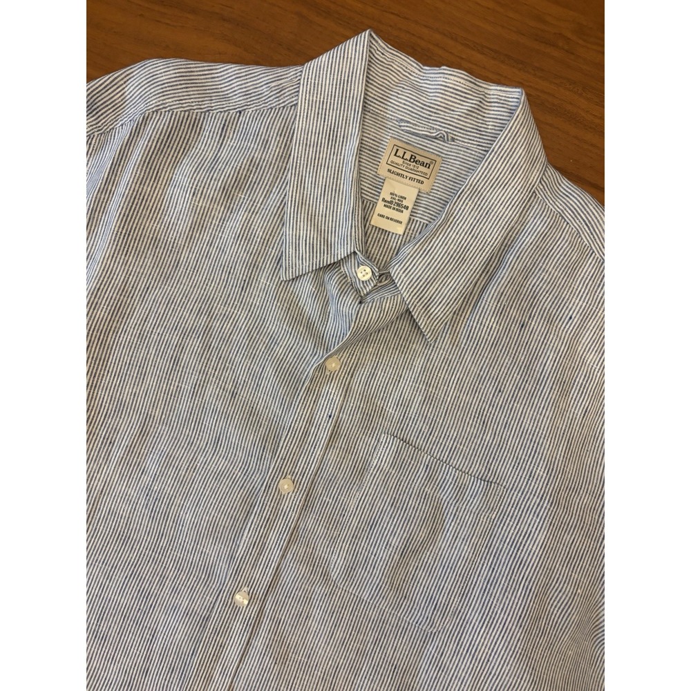 LL Bean Linen Button Up Shirt 2XL/3XL Oversized Blue Striped Short Sleeve 296548